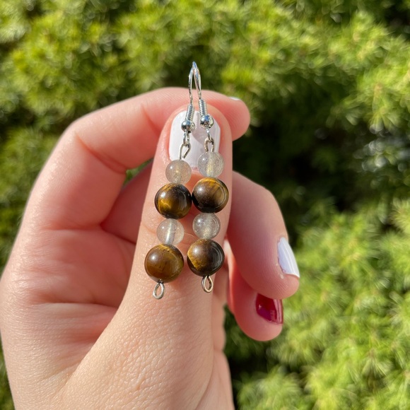 Labradorite + Tiger Eye Beaded Earrings | Crystal Hand Crafted - Picture 3 of 5
